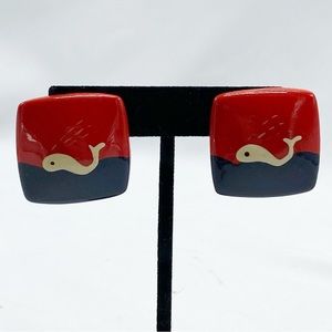 Vintage Whale Red and Blue Handpainted Square Post Earrings